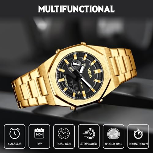V2A Allure Analogue-Digital Watch for Men, Alloy Case, Stainless Steel Band, 30M Water Resistant, 5 Alarms, World Time, Countdown, Stopwatch Men Watch | Birthday Gift for Man (Gold-Black) - Image 2