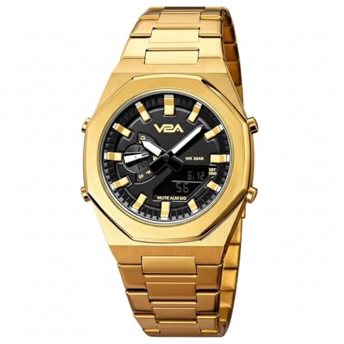 V2A Allure Analogue-Digital Watch for Men, Alloy Case, Stainless Steel Band, 30M Water Resistant, 5 Alarms, World Time, Countdown, Stopwatch Men Watch | Birthday Gift for Man (Gold-Black) - Image 1