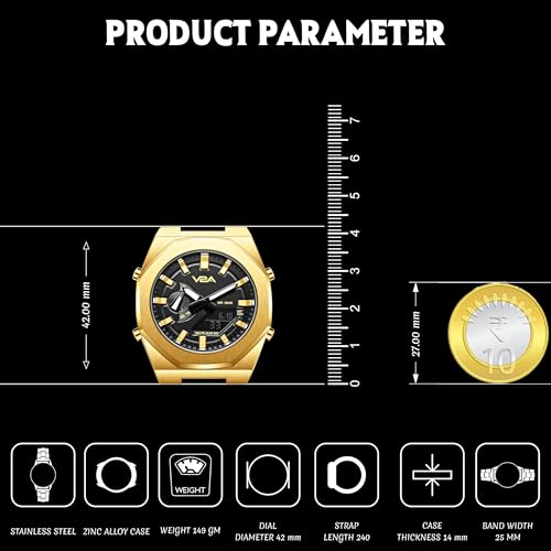 V2A Allure Analogue-Digital Watch for Men, Alloy Case, Stainless Steel Band, 30M Water Resistant, 5 Alarms, World Time, Countdown, Stopwatch Men Watch | Birthday Gift for Man (Gold-Black) - Image 3