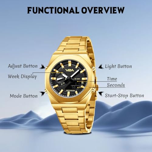 V2A Allure Analogue-Digital Watch for Men, Alloy Case, Stainless Steel Band, 30M Water Resistant, 5 Alarms, World Time, Countdown, Stopwatch Men Watch | Birthday Gift for Man (Gold-Black) - Image 4