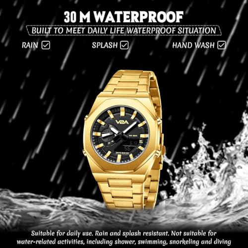 V2A Allure Analogue-Digital Watch for Men, Alloy Case, Stainless Steel Band, 30M Water Resistant, 5 Alarms, World Time, Countdown, Stopwatch Men Watch | Birthday Gift for Man (Gold-Black) - Image 5
