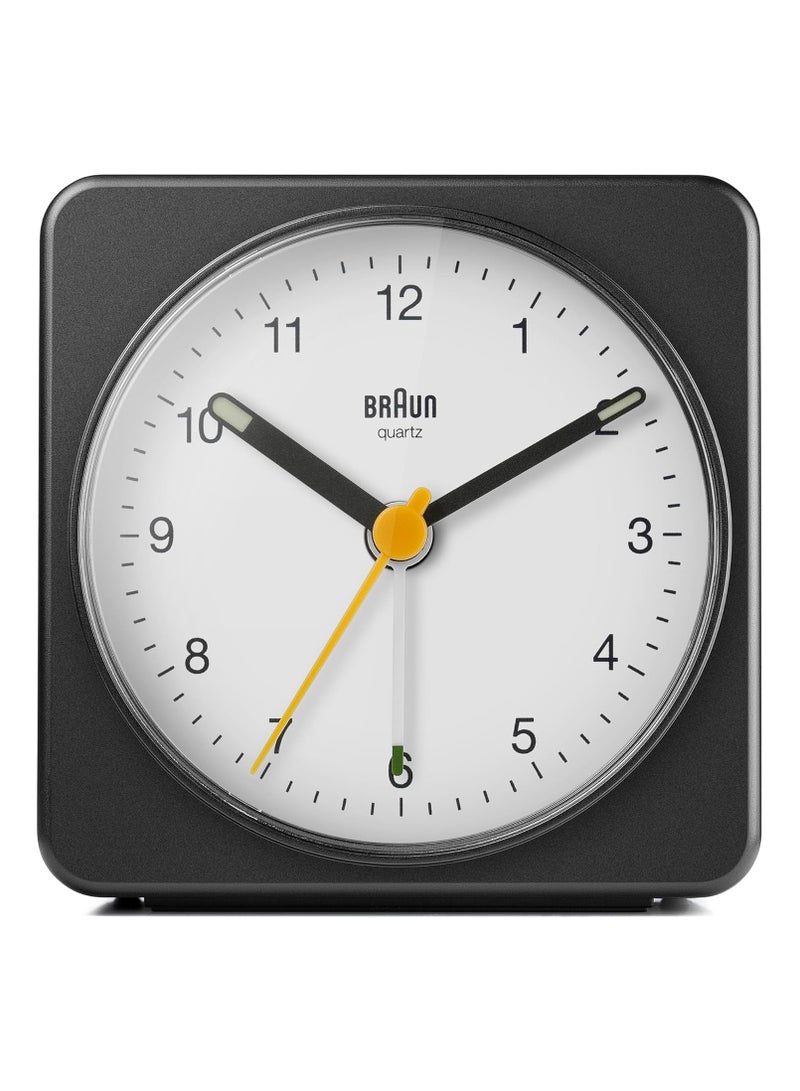 Braun Classic Analogue Alarm Clock with Snooze and Light, Quiet Quartz Sweeping Movement, Crescendo Beep Alarm in Black and White, model BC03BW.