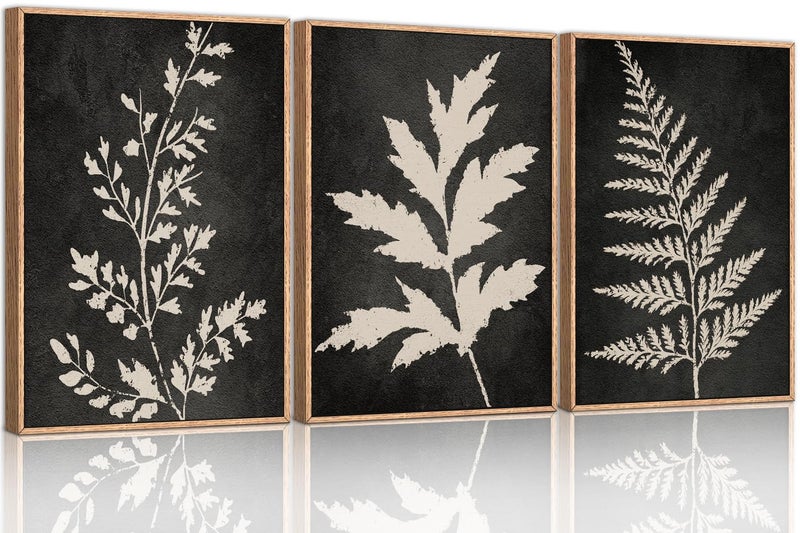 Ausril Black Tan Fern Leaf Framed Canvas Wall Art Set, Minimalist Botanical Wall Decor, Nature Fern Plant Silhouette Wall Painting, Modern Art Print for Living Room, Bedroom, Office 16"x24"x3 - Image 1
