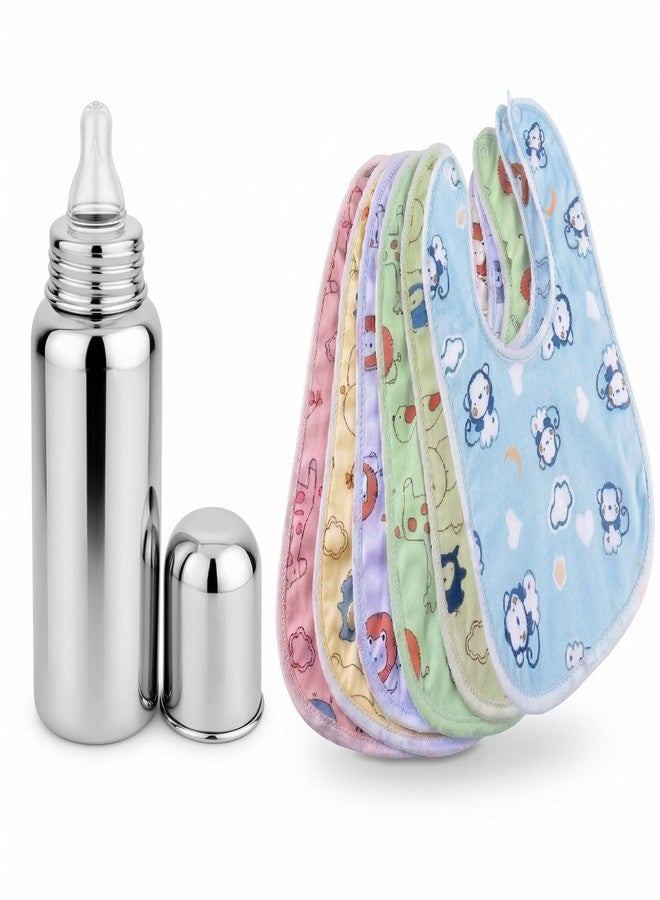 Enorme Combo Pack - Baby Feeding Bibs Set of 6 + 150ml Stainless Steel Feeding Bottle - Waterproof Cotton Bibs, Soft, Washable & Reusable for Infants & Toddlers - Multicolor - Image 1