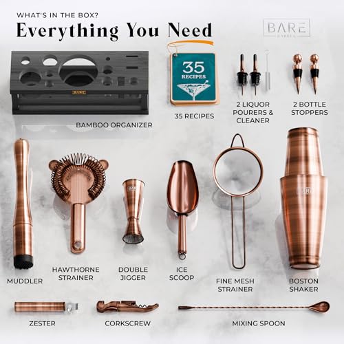 BARE BARREL® Mixology Bartender Kit Bar Set | 16-Piece Cocktail Shaker Set | Martini Barware Mixing Tools for Home Bartending | Incl. 35 Recipe Cards | Gift Set (28oz Boston Shaker, Copper/Black) - Image 4