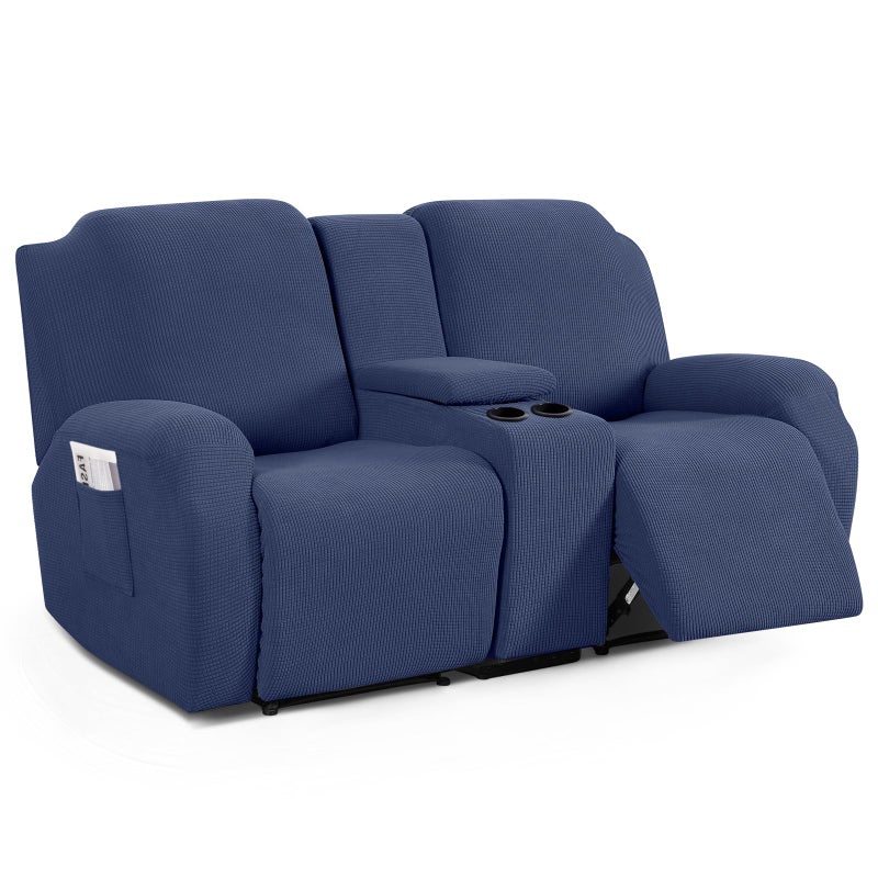 TAOCOCO Loveseat Recliner Cover with Middle Console Stretch Loveseat Cover for 2 Seat Recliner Couch Jacquard Reclining Sofa Covers Loveseat Slipcover Furniture Protector Navy Blue