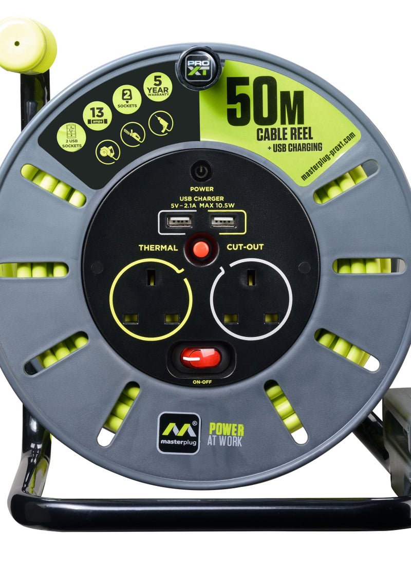 MASTERPLUG Masterplug PRO XT Cable Reel 50 Meter 2 Sockets 2 USB 13 A Thermal Cut Out Surge Protection OLU50132USL  - Image 1