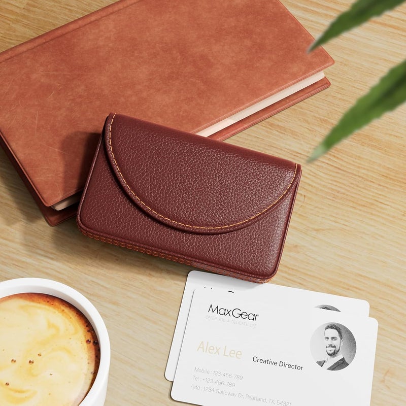 MaxGear Business Card Holder Case, PU Leather Business Card Case for Purse, Pocket Travel Name Card Holder Wallet for Men or Women Gift, Portable Magnetic Business Card Carrier, Slim & Stylish, Coffee - Image 2