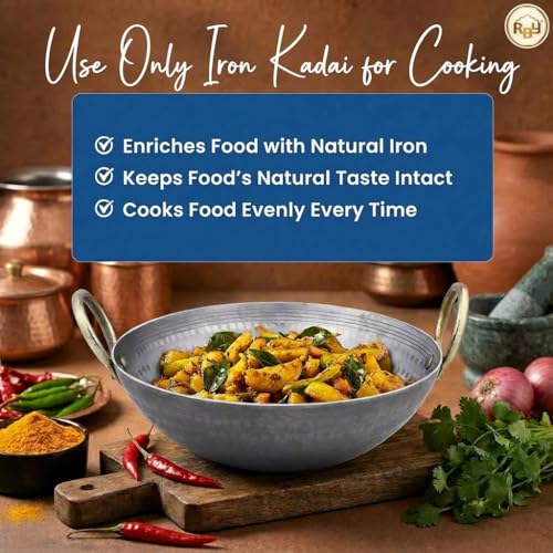 RBY 3 Litre (11 Inch / 28 CM) Hammered Food Grade Iron Kadai Lohe Ki Kadhai for Frying Cooking Heavy Base Smooth Edge Metal Spoon Friendly Deep Frying Pan Gas & Induction Compatible - Image 5