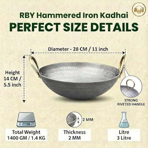 RBY 3 Litre (11 Inch / 28 CM) Hammered Food Grade Iron Kadai Lohe Ki Kadhai for Frying Cooking Heavy Base Smooth Edge Metal Spoon Friendly Deep Frying Pan Gas & Induction Compatible - Image 2