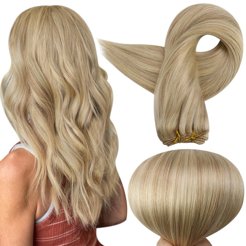 Full Shine 22 Inch Weft Hair Extensions Human Hair Highlight Blonde Hair Extensions Sew In Double Weft Extensions Remy Hair 27P613 Caramel Blonde Mix Platinum Blonde Hair Weft Extensions 105G - Image 1
