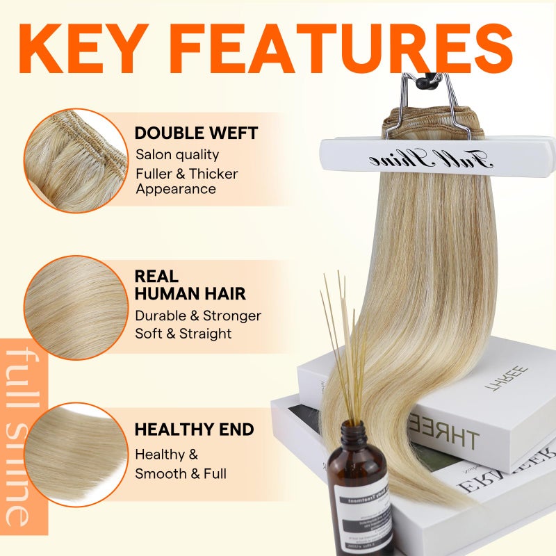 Full Shine 22 Inch Weft Hair Extensions Human Hair Highlight Blonde Hair Extensions Sew In Double Weft Extensions Remy Hair 27P613 Caramel Blonde Mix Platinum Blonde Hair Weft Extensions 105G - Image 2