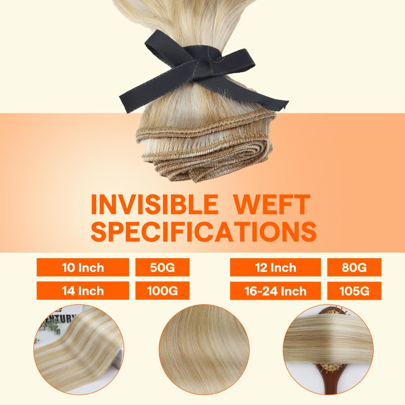 Full Shine 22 Inch Weft Hair Extensions Human Hair Highlight Blonde Hair Extensions Sew In Double Weft Extensions Remy Hair 27P613 Caramel Blonde Mix Platinum Blonde Hair Weft Extensions 105G - Image 3