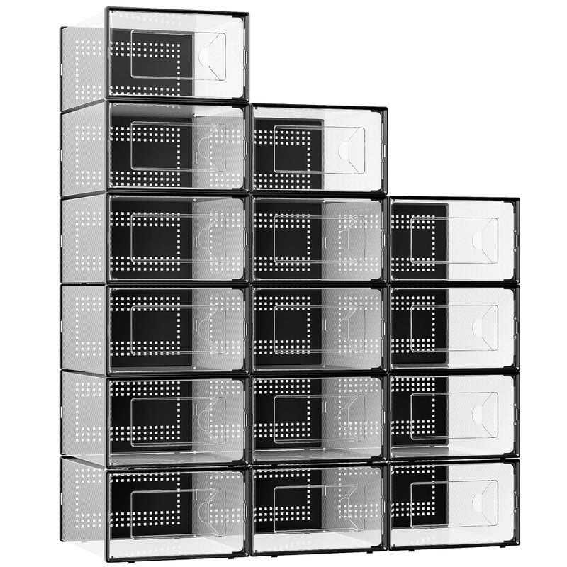 Foluck X-Large Shoe Storage Box, 15 Pack Clear Plastic Stackable Shoe Organizer for Closet, Interlocking Design Shoe Container Bins for Sneakers, Foldable Shoe Rack with Lids, Black - Image 1