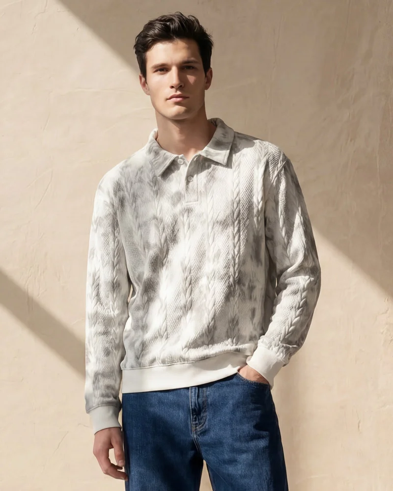 Redtag Men White Allover Print Collar Front Buttoned Sweatshirt