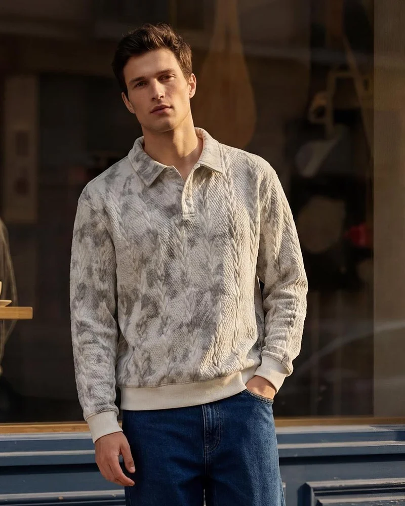 Redtag Men White Allover Print Collar Front Buttoned Sweatshirt