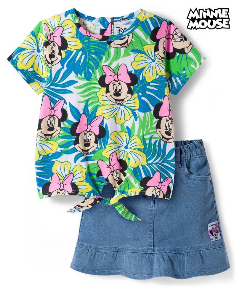 Babyhug Disney Babyhug Disney Single Jersey Knit Top & Denim Skirt Set with Minnie Mouse Graphic & Badge Detailing - Multicolor