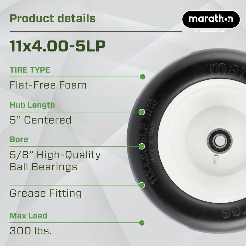 Marathon 11x4.00 Flat-Free Lawn Mower Tire on Wheel, 5" Centered Hub. 5/8" Bearing - Image 2