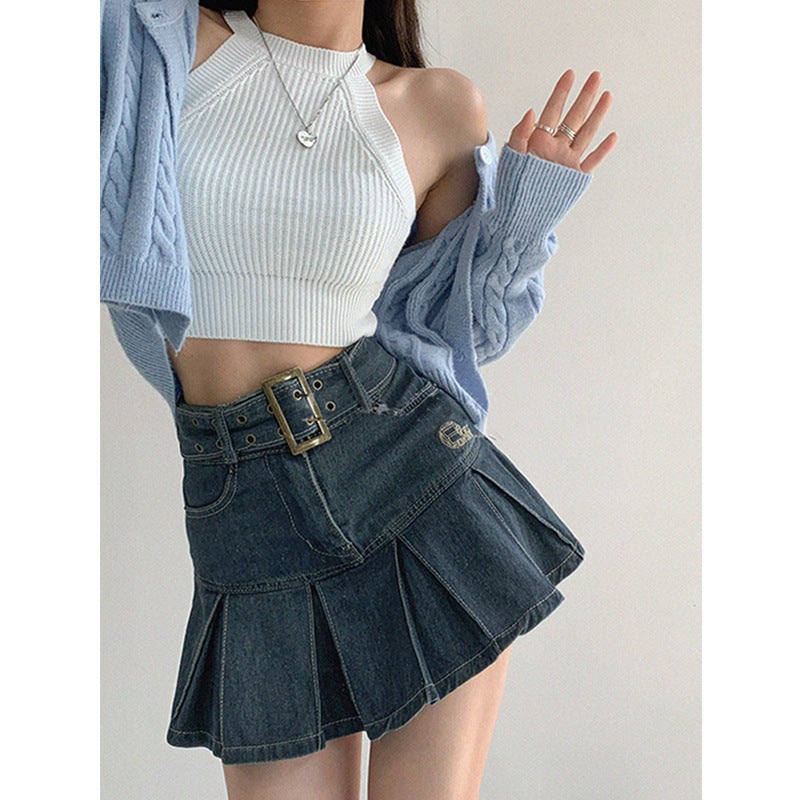 Girl Denim Skirt Women'S Summer Pleated Skirt American Style Retro New Design High Waist Slim A- Line Skirt - Image 5
