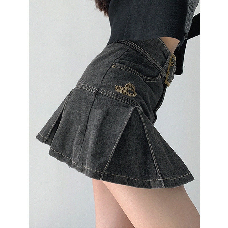 Girl Denim Skirt Women'S Summer Pleated Skirt American Style Retro New Design High Waist Slim A- Line Skirt - Image 4