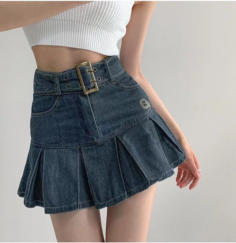 Girl Denim Skirt Women'S Summer Pleated Skirt American Style Retro New Design High Waist Slim A- Line Skirt - Image 1