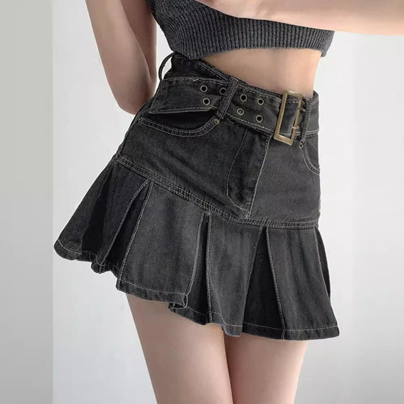 Girl Denim Skirt Women'S Summer Pleated Skirt American Style Retro New Design High Waist Slim A- Line Skirt - Image 3
