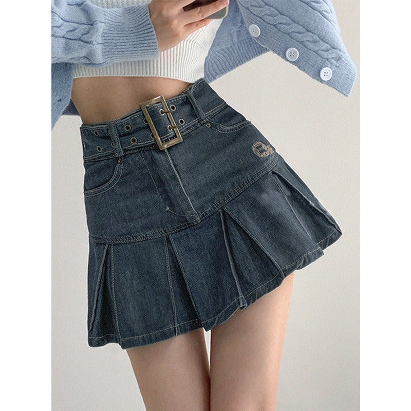 Girl Denim Skirt Women'S Summer Pleated Skirt American Style Retro New Design High Waist Slim A- Line Skirt - Image 2