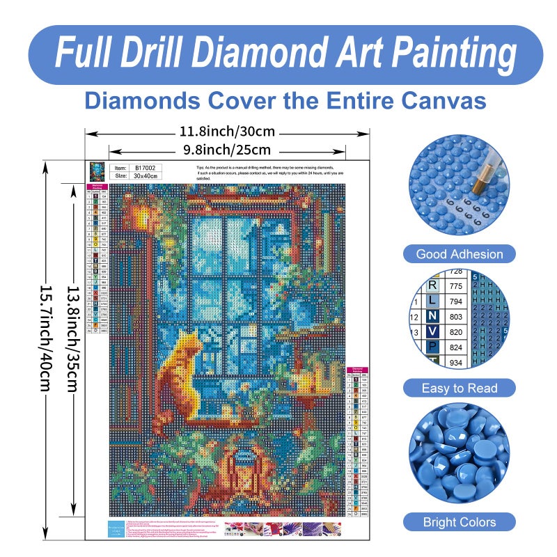 Camocin Diamond Art Kits For Adults Cat  5D Window Landscape Diamond Painting Kits For Adults Beginners  Diy Potted Plant Full Round Dots Drill Gem Art Kit For Gift Home Wall Decor 12 X 16 Inch - Image 3