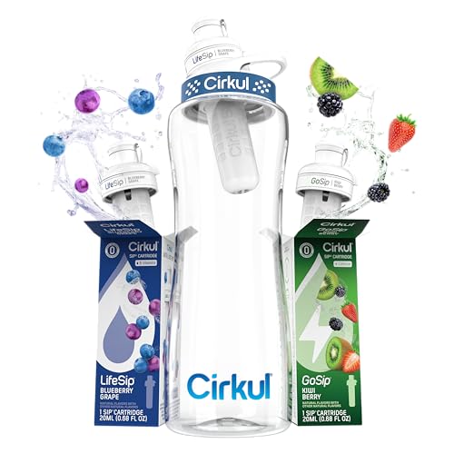 Cirkul 32oz. BPA-Free Plastic Water Bottle Starter Kit with Navy Lid, 2 Flavor Cartridges (1 LifeSip Blueberry Grape, 1 GoSip Kiwi Berry) No Sugar, Zero Calorie Drink Mix - Image 1