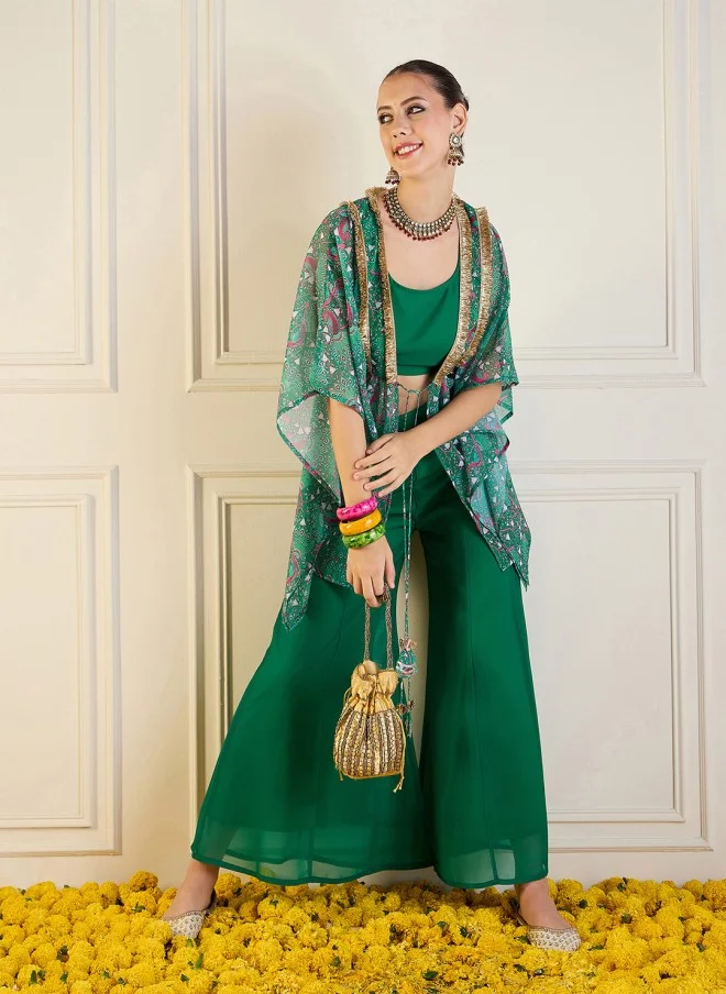 ساسافراس Green Printed Shrug Top & Palazzos Co-Ords for Women