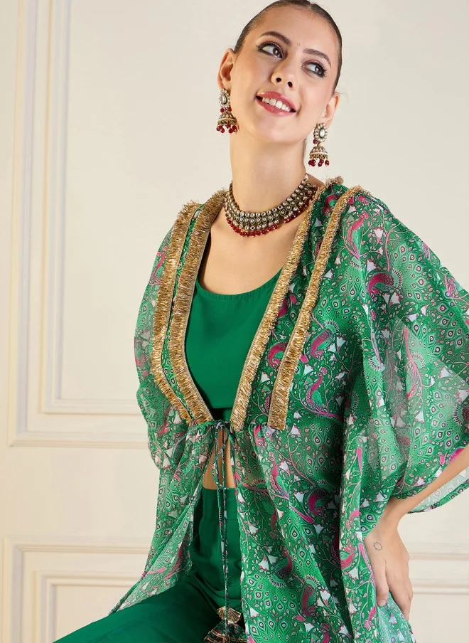 ساسافراس Green Printed Shrug Top & Palazzos Co-Ords for Women