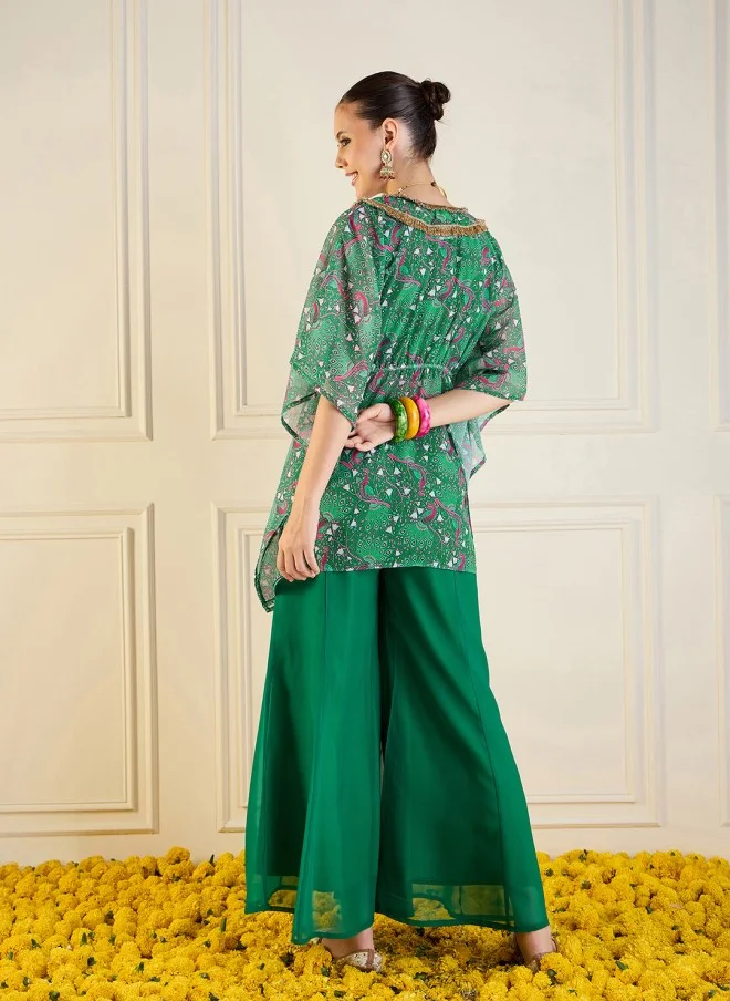 ساسافراس Green Printed Shrug Top & Palazzos Co-Ords for Women