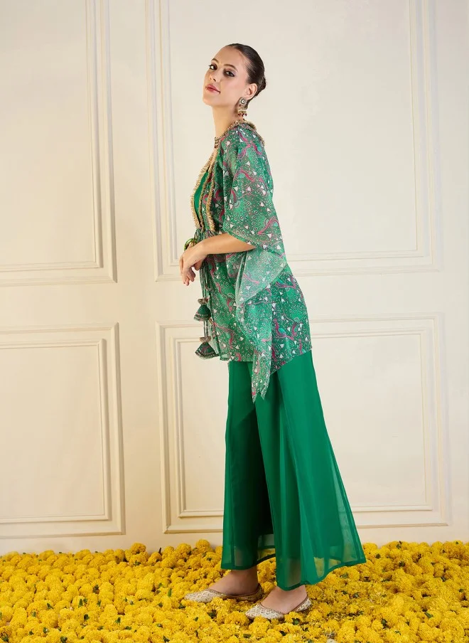 ساسافراس Green Printed Shrug Top & Palazzos Co-Ords for Women