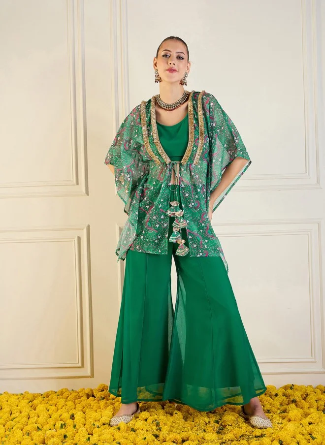 ساسافراس Green Printed Shrug Top & Palazzos Co-Ords for Women
