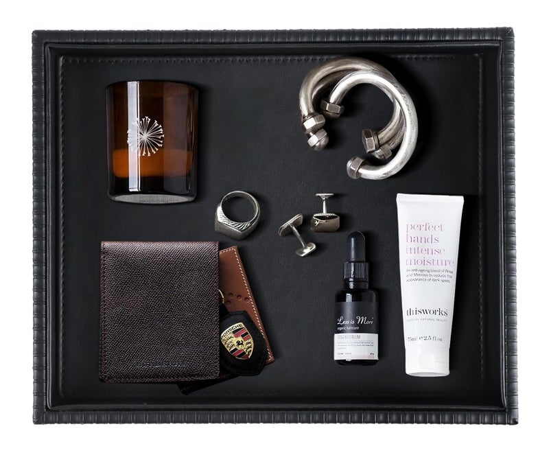 HofferRuffer Faux Leather Vanity Tray, Elegant Desktop Storage Organizer, Decorative Catchall for Perfume, Bathroom Valet, Nightstand or Dresser, 10.2 x 8.4 x 1.8 inches (Black Stripe) - Image 1