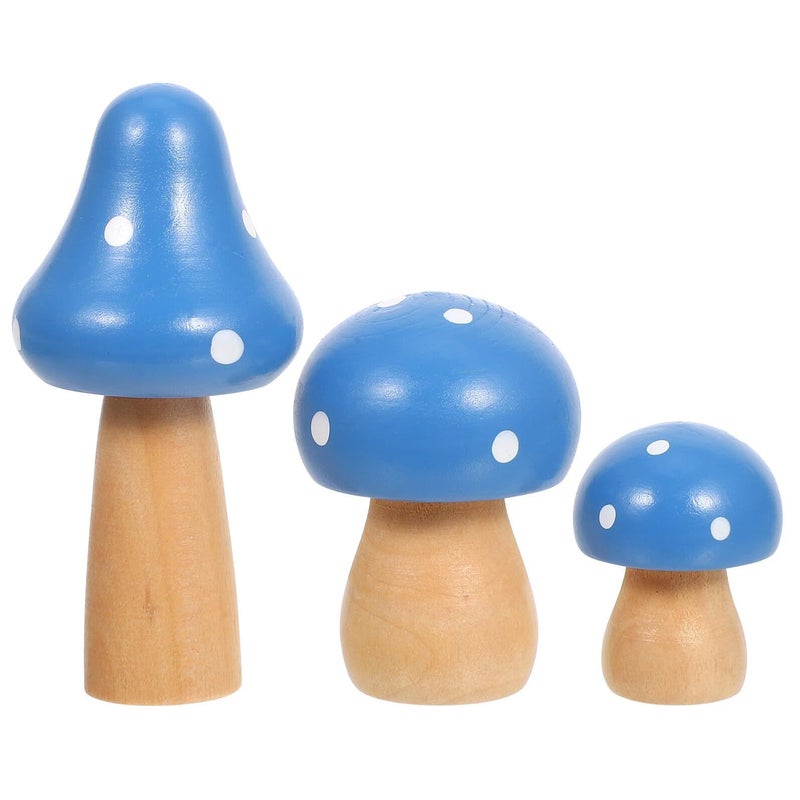 3 Pcs Miniature Mushroom Figurines Wooden Mushroom Ornaments Garden Fairy Landscape Micro Lawn Decor Craft Accessories Blue - Image 2