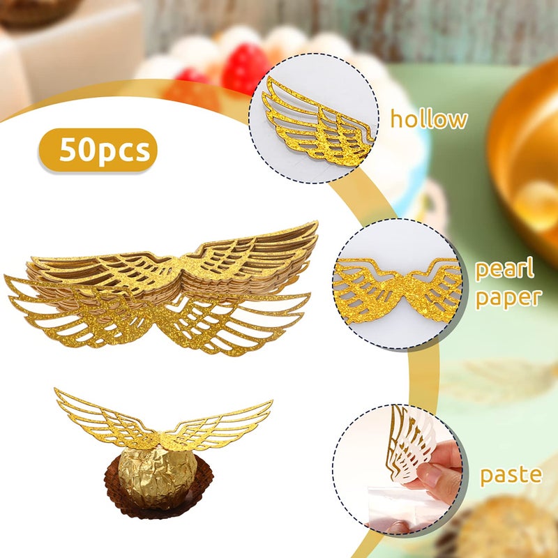Sliverdew 50PCS Wizard Party Chocolate Decoration Wings Chocolate Decoration, Wings Wafer Cupcake Toppers with 50pcs Glue Point, Wafer Cupcake Toppers for Anniversary Birthday Wedding - Image 5