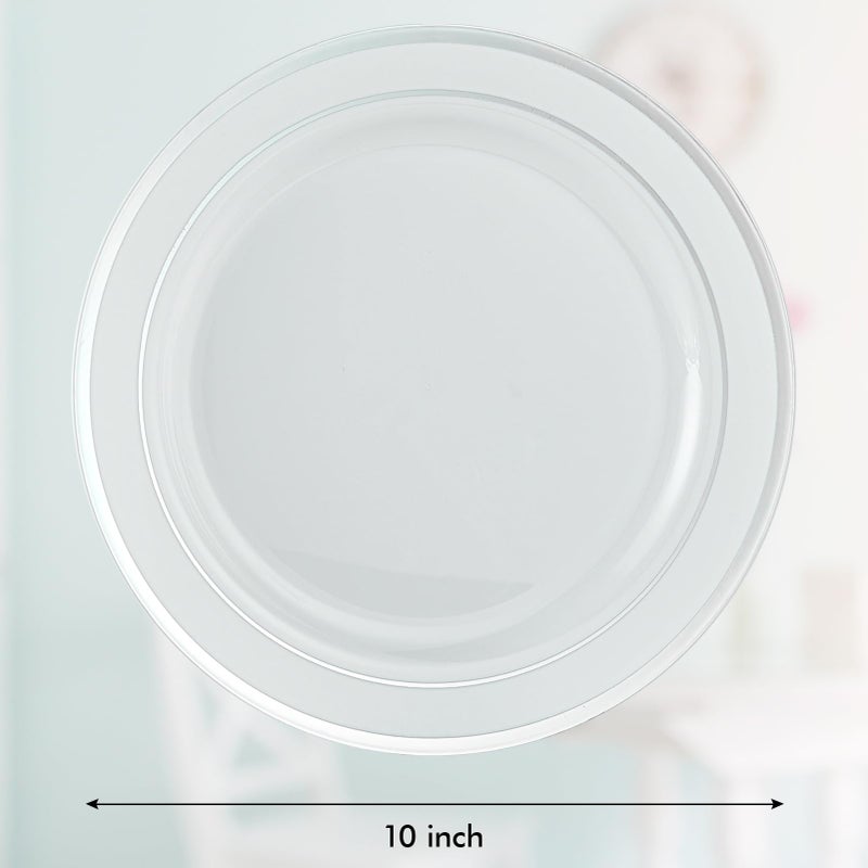 Vplus 100 Piece 10 Inch Silver Plastic Plates Disposable  Heavy Duty White Elegant Durable Dinner Plastic Party Plates with Silver Rim Perfect for Party Christmas - Image 3