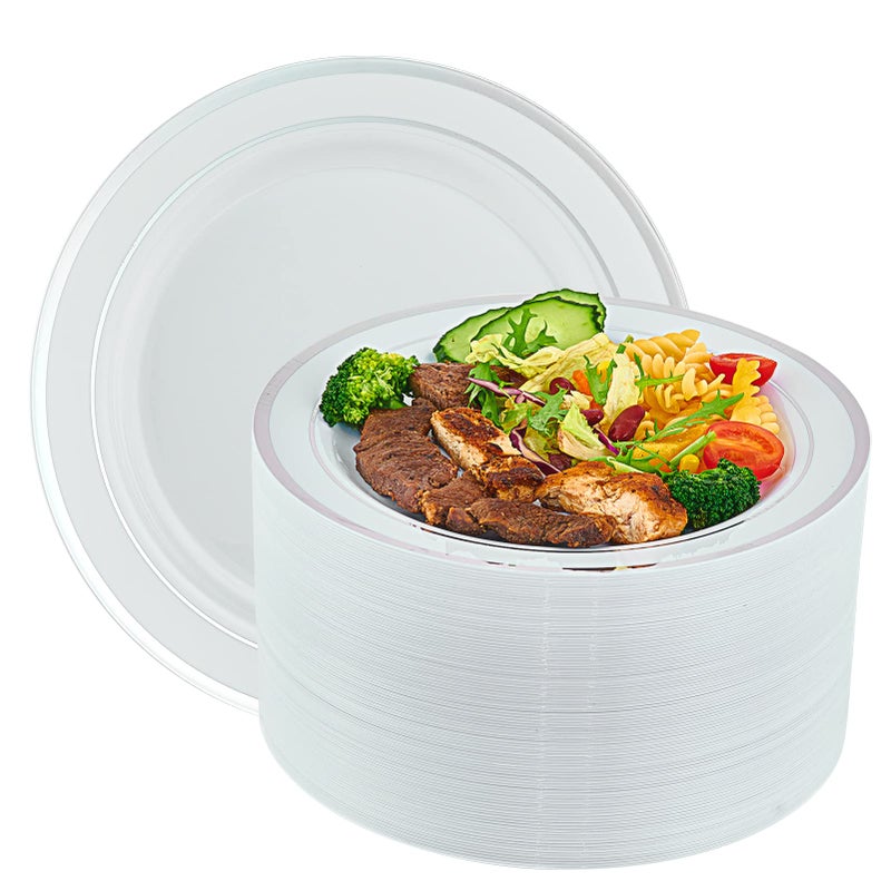 Vplus 100 Piece 10 Inch Silver Plastic Plates Disposable  Heavy Duty White Elegant Durable Dinner Plastic Party Plates with Silver Rim Perfect for Party Christmas - Image 1
