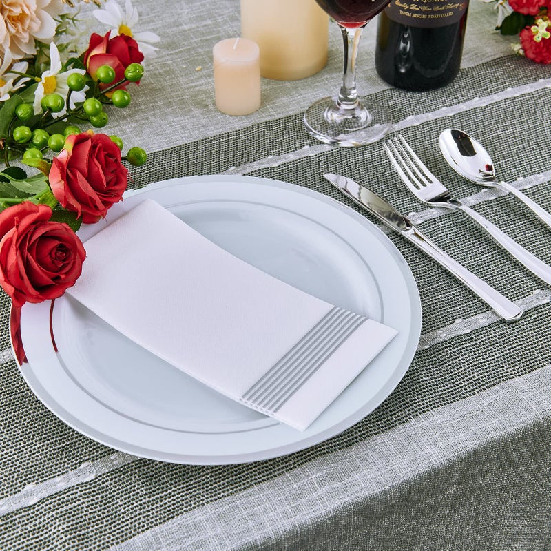 Vplus 100 Piece 10 Inch Silver Plastic Plates Disposable  Heavy Duty White Elegant Durable Dinner Plastic Party Plates with Silver Rim Perfect for Party Christmas - Image 2