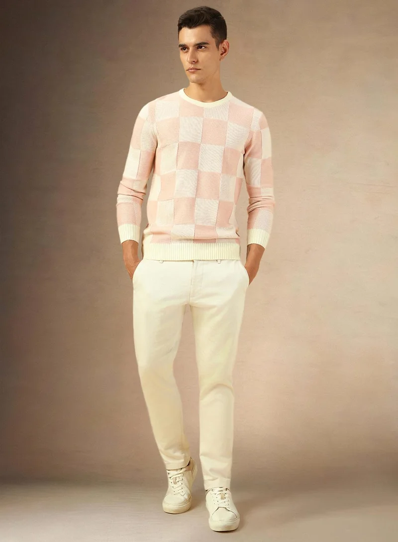 Dennis Lingo Men's Dusty Pink 100% Acrylic Checkered Regular Fit Sweater