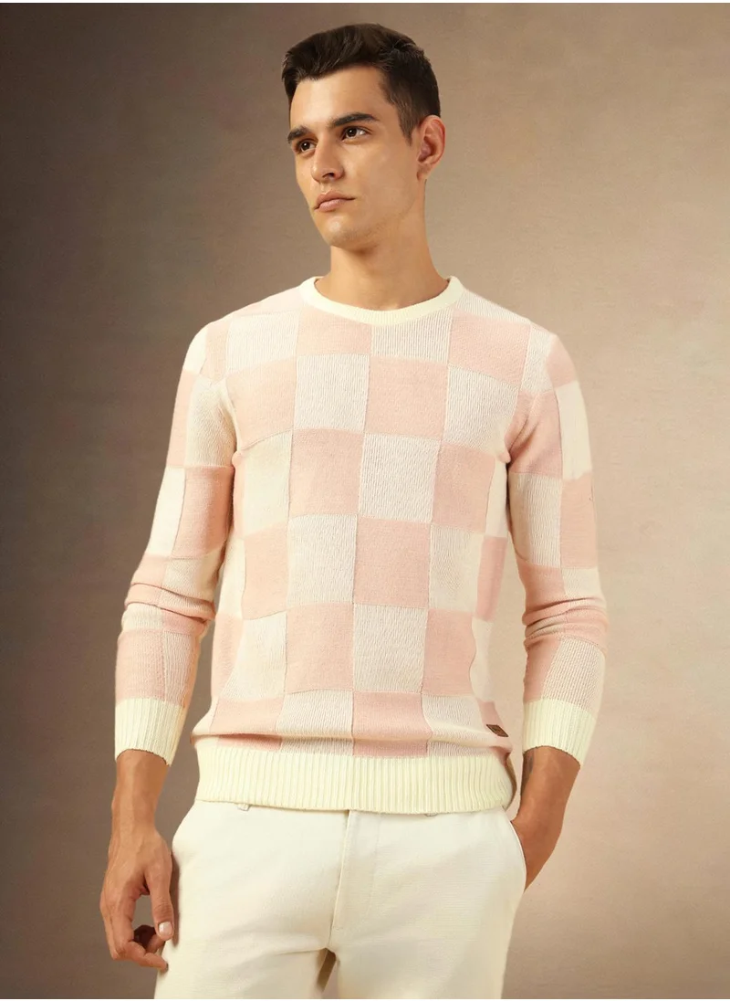 دينيس لينغو Men's Dusty Pink 100% Acrylic Checkered Regular Fit Sweater