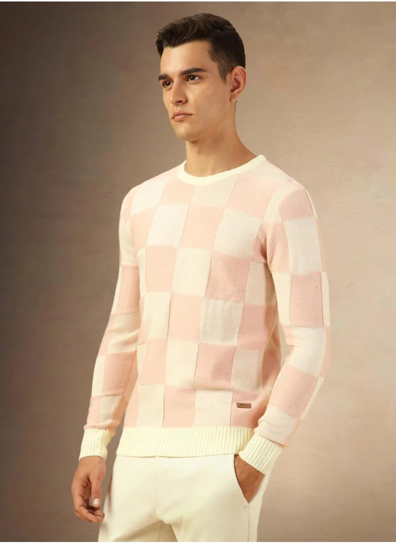 دينيس لينغو Men's Dusty Pink 100% Acrylic Checkered Regular Fit Sweater