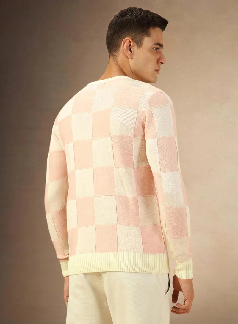 Dennis Lingo Men's Dusty Pink 100% Acrylic Checkered Regular Fit Sweater