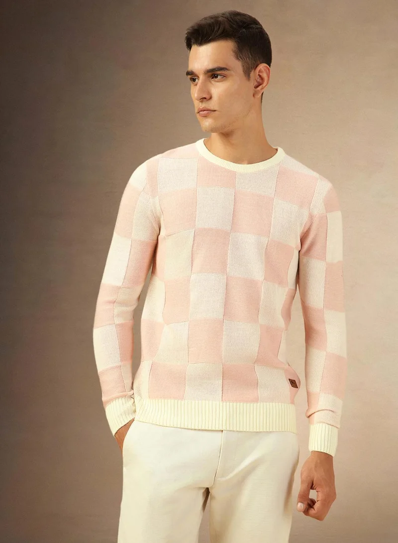 Dennis Lingo Men's Dusty Pink 100% Acrylic Checkered Regular Fit Sweater
