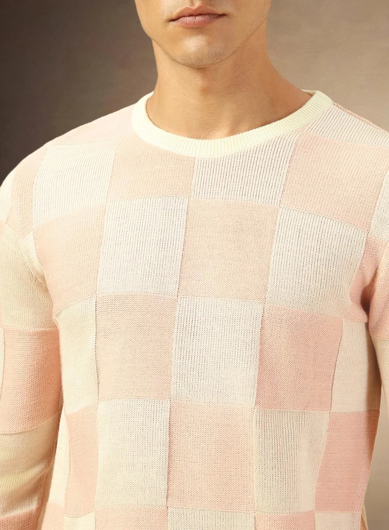 Dennis Lingo Men's Dusty Pink 100% Acrylic Checkered Regular Fit Sweater