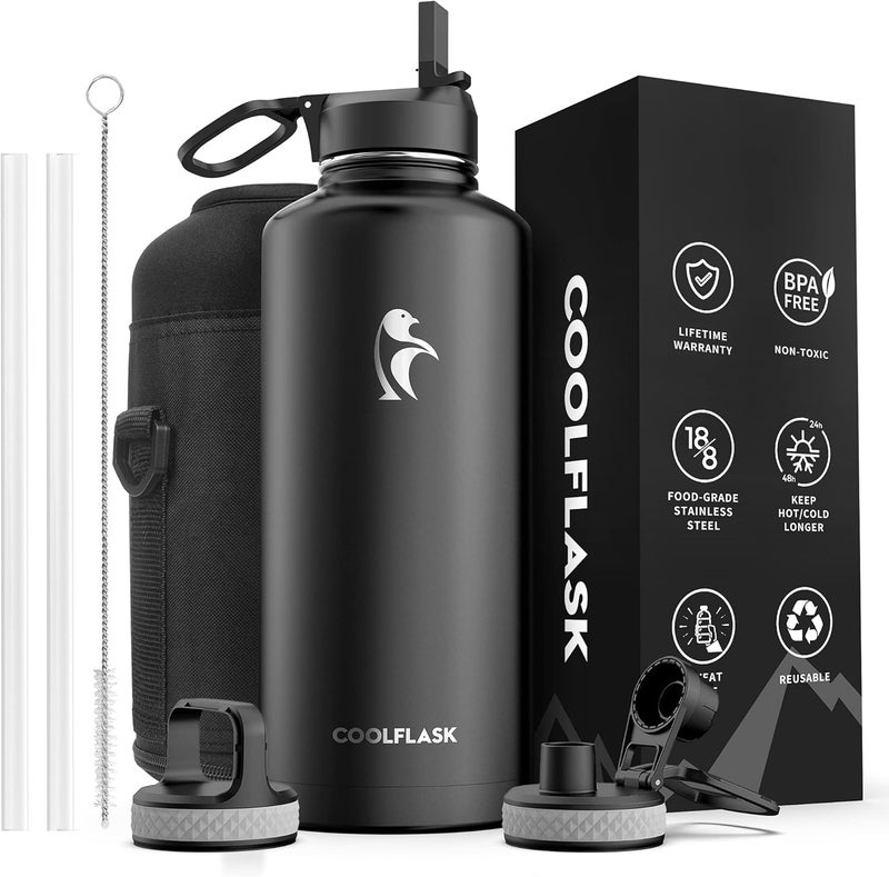 Coolflask Insulated Water Bottle 2.5 Liters 2500ml with Straw, 2/3 Gallon Stainless Steel Metal 3 Lids Large Water Jug, BPA-Free Keep Cold Up to 48 Hrs or Hot Up to 24 Hrs, Magic Black - Image 1