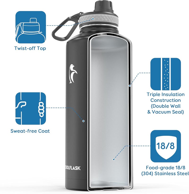 Coolflask Insulated Water Bottle 2.5 Liters 2500ml with Straw, 2/3 Gallon Stainless Steel Metal 3 Lids Large Water Jug, BPA-Free Keep Cold Up to 48 Hrs or Hot Up to 24 Hrs, Magic Black - Image 2