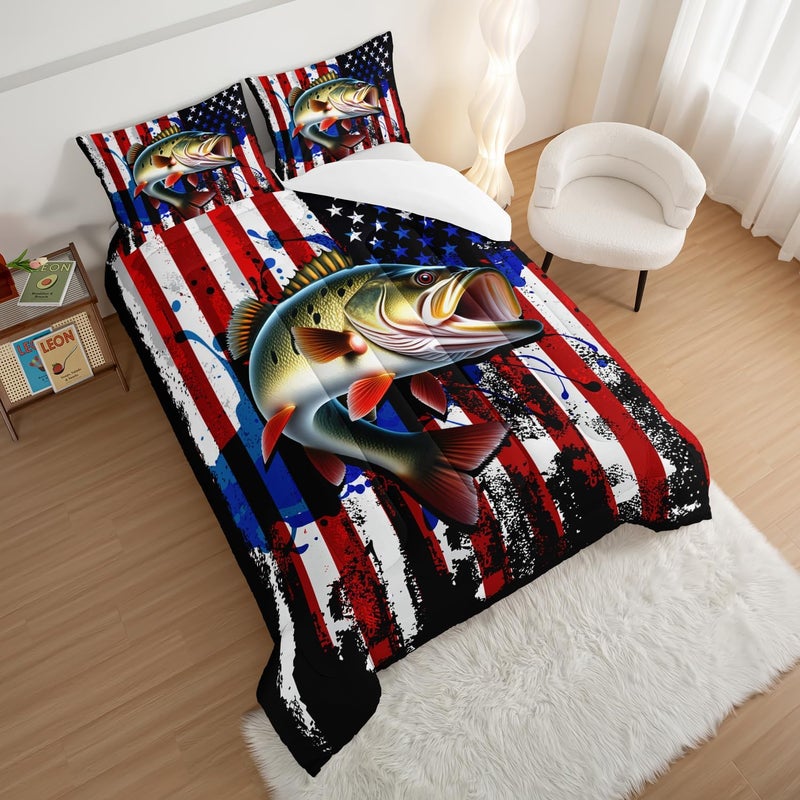 HOSIMA Big Pike Fishing Comforter Set,Bass Fish American Flag Pattern Hunting and Fishing Bed Set Twin Size for Boys Room Decor, Twin Bed in a Bag for Teens with 2 Pillowcases. - Image 2