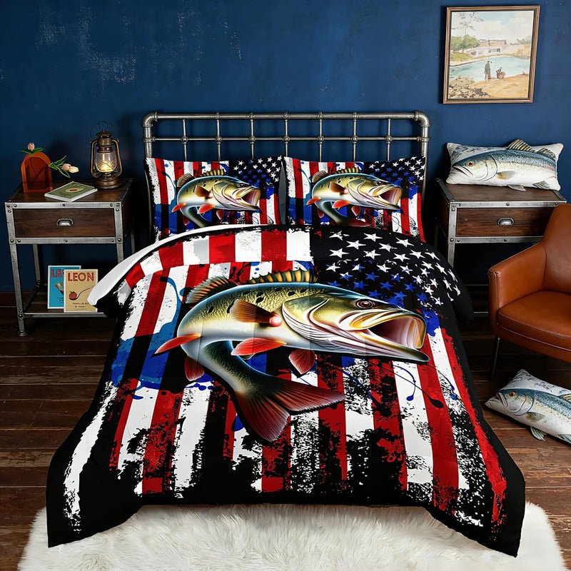 HOSIMA Big Pike Fishing Comforter Set,Bass Fish American Flag Pattern Hunting and Fishing Bed Set Twin Size for Boys Room Decor, Twin Bed in a Bag for Teens with 2 Pillowcases. - Image 1